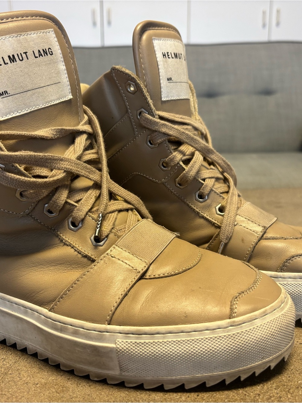 Helmut Lang Beige Leather High-Top Sneakers